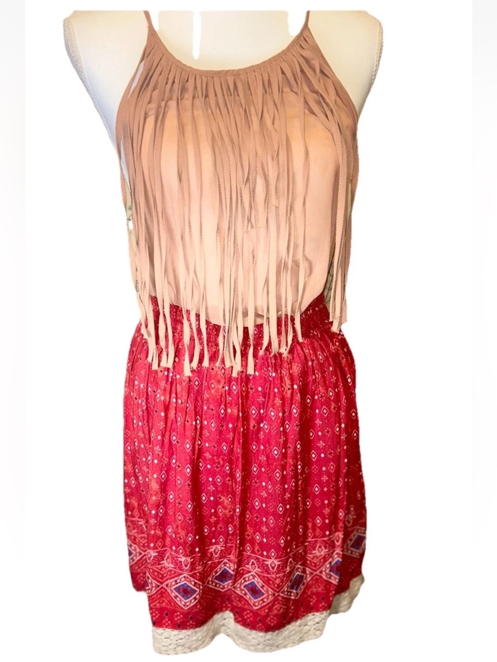 True Craft Boho Red Bandana Lace Skirt & Ekklesia Tan Silk Fringe Top Outfit Set